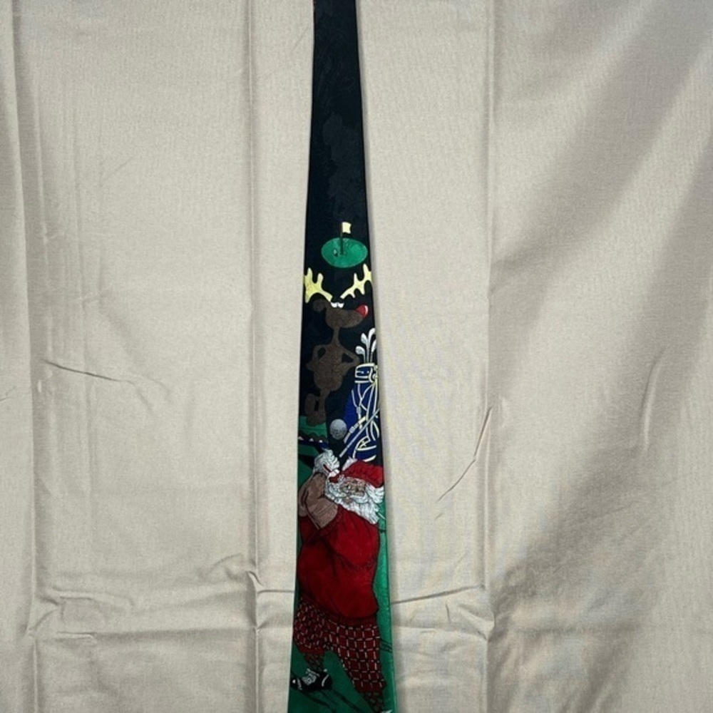 Handmade Dino Romaro Christmas tie featuring Santa golfing reindeer holiday - Picture 2 of 3
